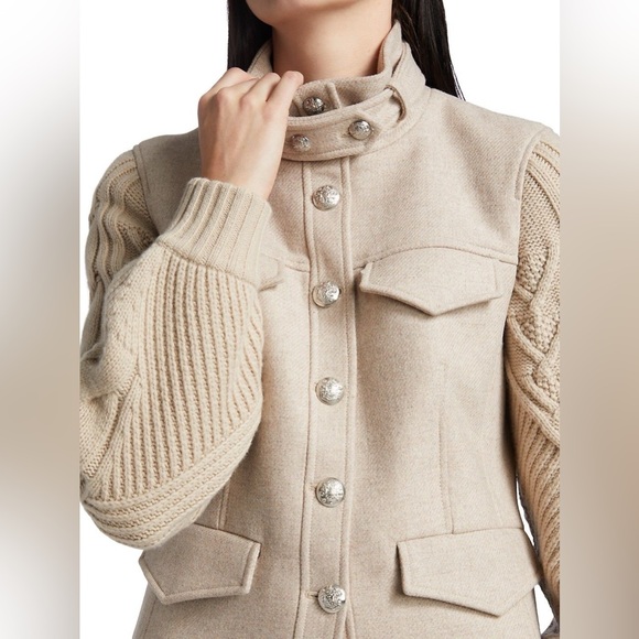 Veronica Beard Arshia Wool Blend Jacket Oatmeal Cable Knit Sleeves Size 6 - Picture 4 of 16